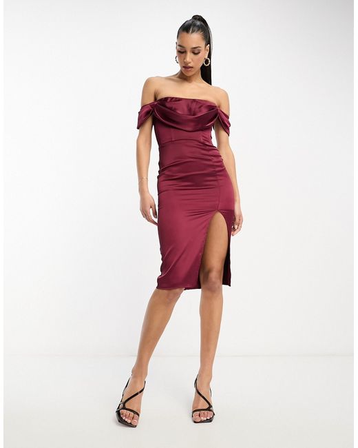First Distraction The Label corset satin midi dress with split in wine-