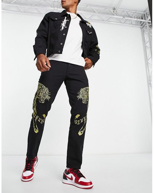 Liquor N Poker straight leg denim jeans in with tiger embroidery part of a set