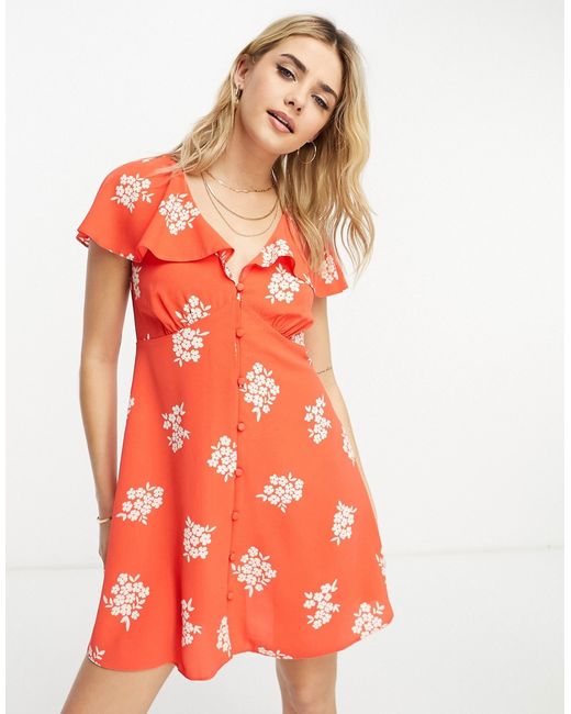 Asos Design flutter sleeve mini tea dress with buttons in red floral-