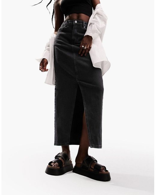 Asos Design denim midi skirt with split hem in washed