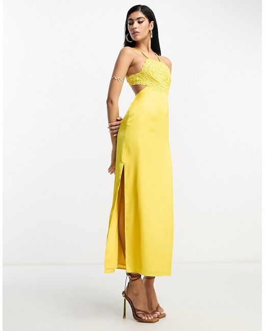 Asos Design embroidered bodice satin bias midi dress with open back in mustard-
