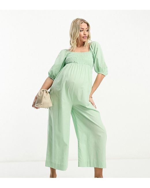 ASOS Maternity DESIGN Maternity linen look shirred puff sleeve jumpsuit in sage-