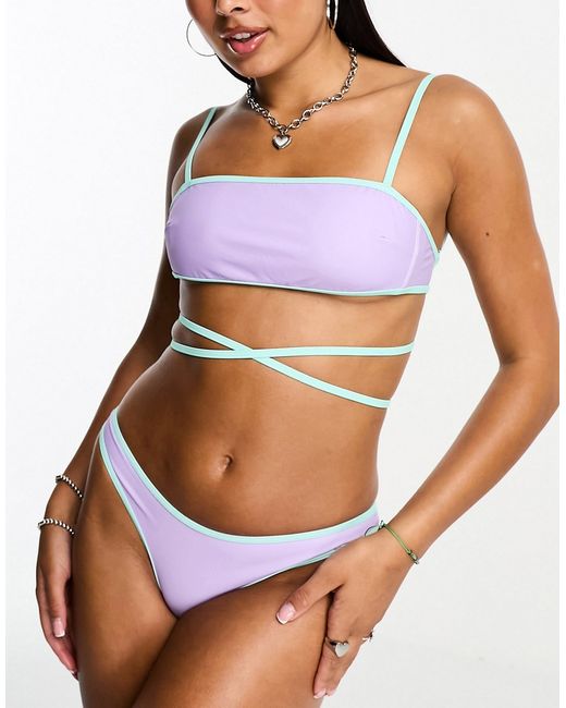 Only tie waist bikini top in lilac and turquoise-