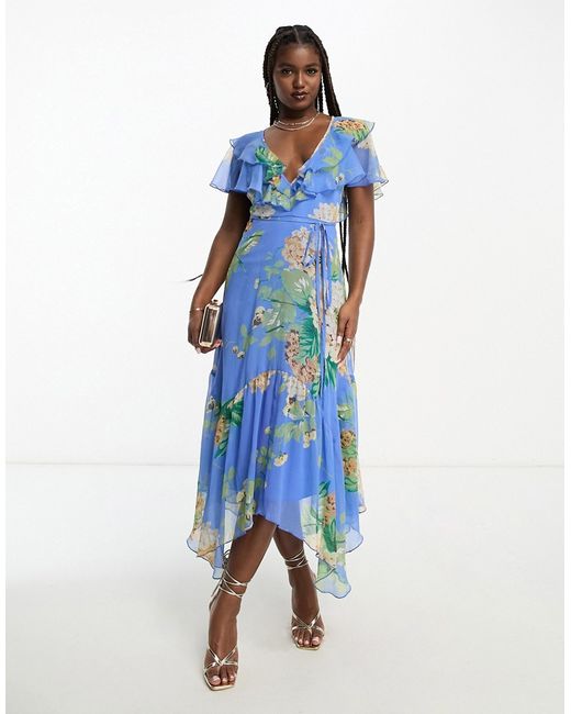 Asos Design v front back ruffle midi dress with flutter sleeve and tie belt in blue floral print-