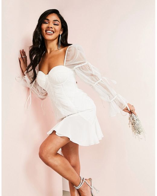 ASOS Luxe ruched mini dress with organza blouson sleeves and tie detail in
