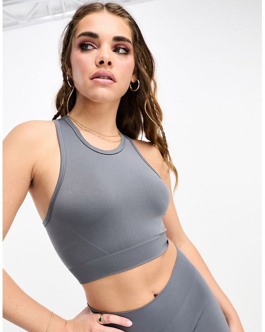 Pull & Bear seamless racer neck cropped top in charcoal part of a set-