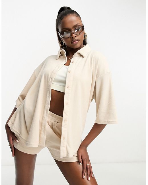 In The Style towelling oversized beach shirt in cream part of a set-