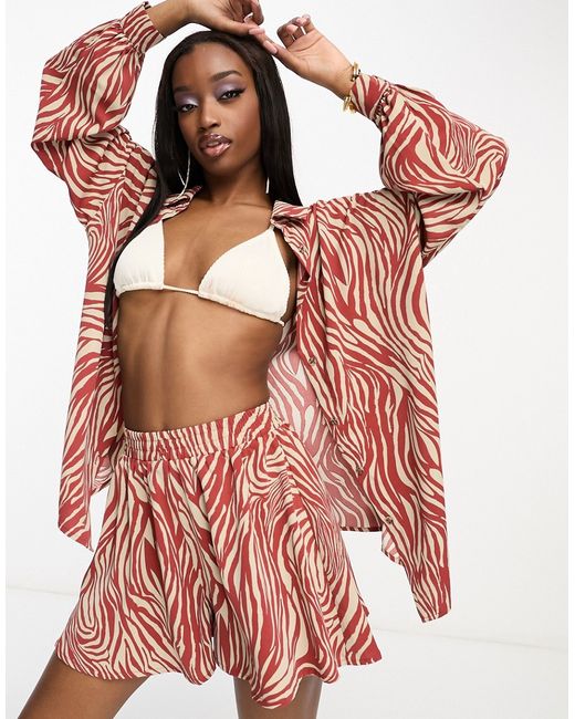 In The Style satin oversized beach shirt in zebra part of a set-