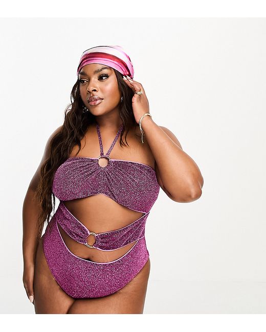 ASOS Curve DESIGN Curve glitter ring detail swimsuit in
