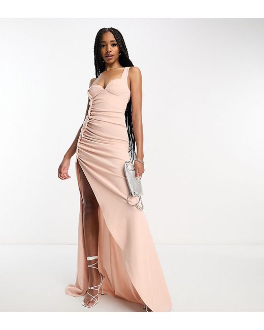Asos Design Tall premium one shoulder button maxi dress in blush-
