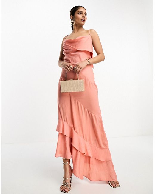 Asos Design satin asymmetric hem slip dress with tendril bodice detail in soft