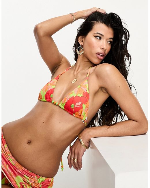 Asos Design triangle bikini top in bright retro floral print-