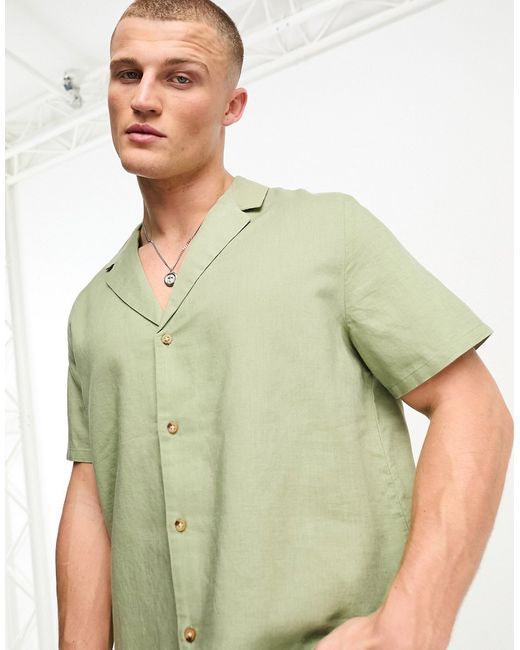 Asos Design relaxed deep revere linen mix shirt in khaki-
