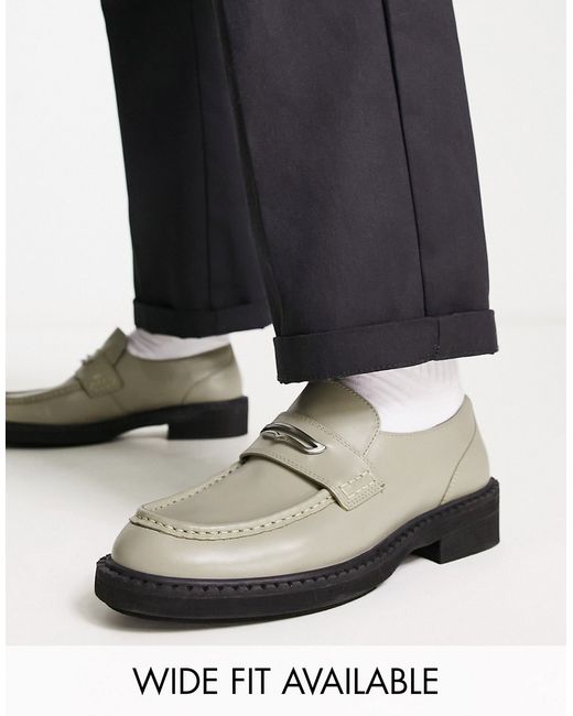 Asos Design chunky loafers in sage leather with black contrast sole-
