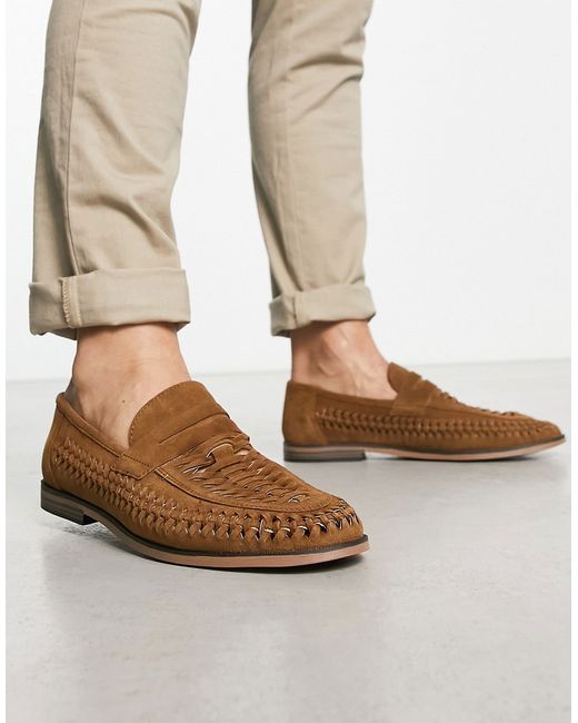 Thomas Crick woven saddle suede loafers in tan-