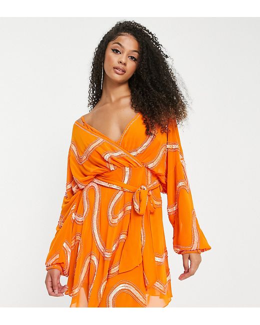 Asos Design Tall Rouleaux loop tie waist mini dress with swirl embellishment in orange-