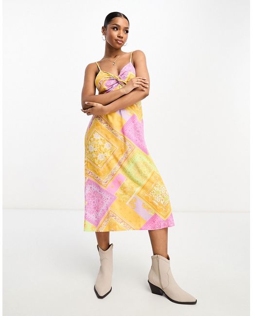 Miss Selfridge twist front midi slip dress in multicolor scarf print-