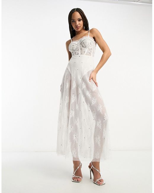 Miss Selfridge Premium embellished premium cami corset maxi dress in ivory-