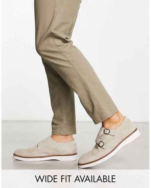 Asos Design brogue monk shoes in stone suede with white wedge sole-