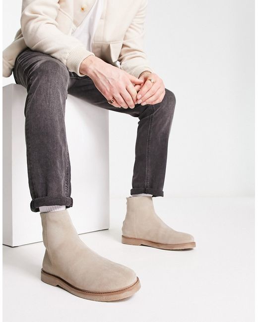 Asos Design chelsea boots in stone suede with zip detail and faux crepe sole-