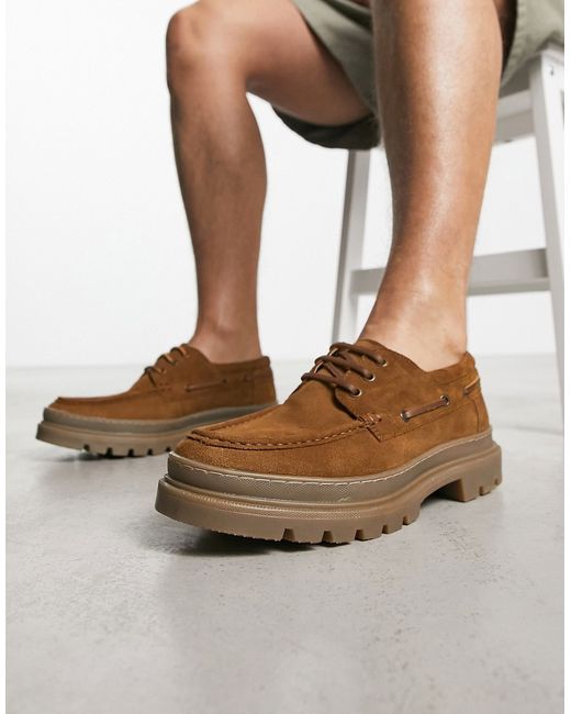 Thomas Crick chunky boat shoe lace up shoes in tan suede-