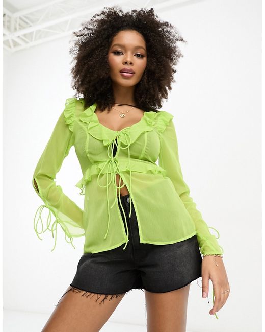 Miss Selfridge chiffon tie front long sleeve blouse in washed neon lime-