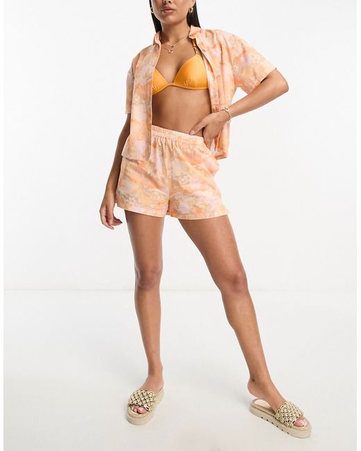 Miss Selfridge linen look resort shirt in orange tropical floral part of a set-