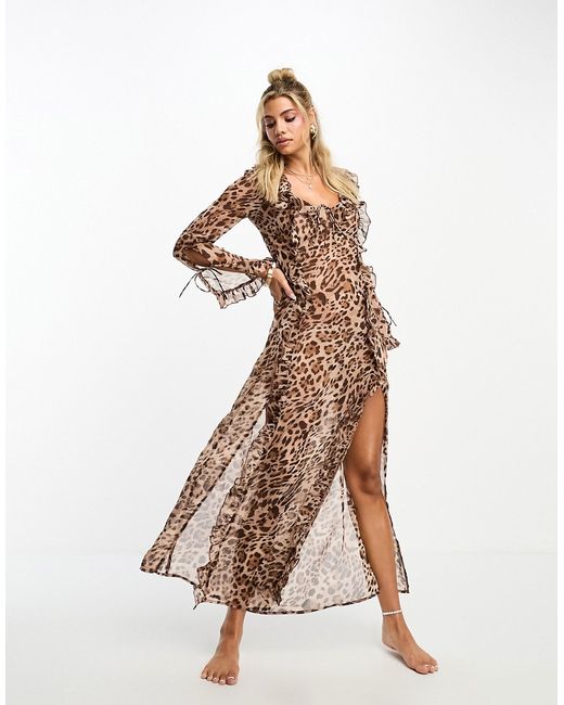 Miss Selfridge beach chiffon leopard long sleeve side split maxi dress-