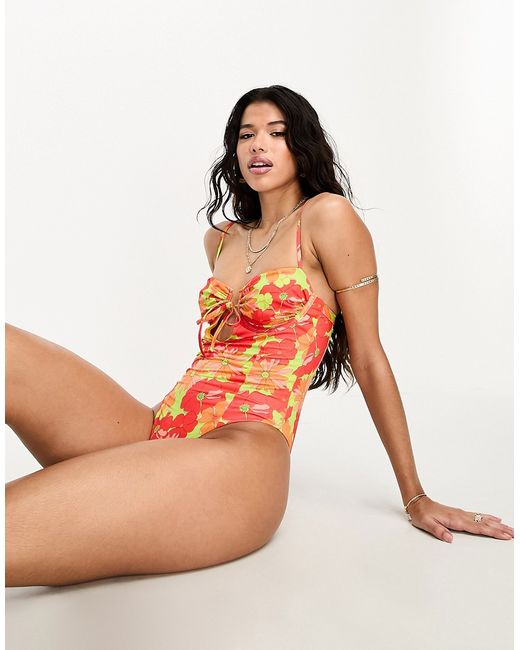 Asos Design underwire keyhole swimsuit in bright retro floral print-