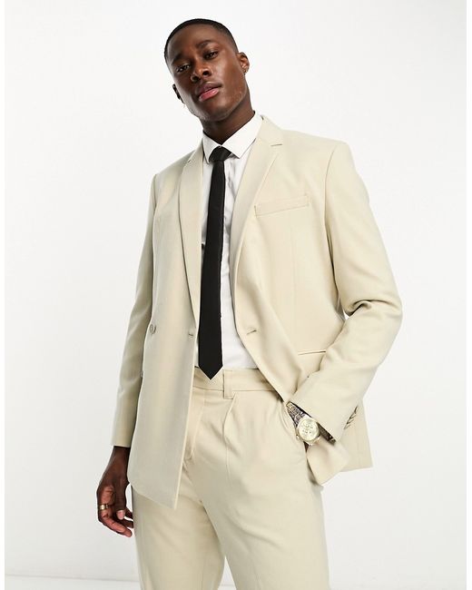 New Look double breasted slim suit jacket in oatmeal-