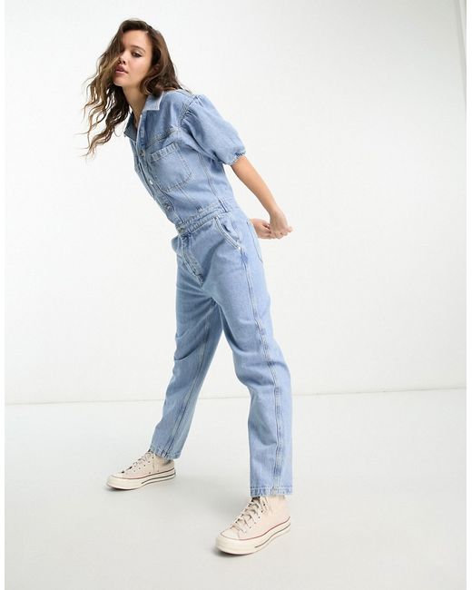 Only puff sleeve denim jumpsuit in light