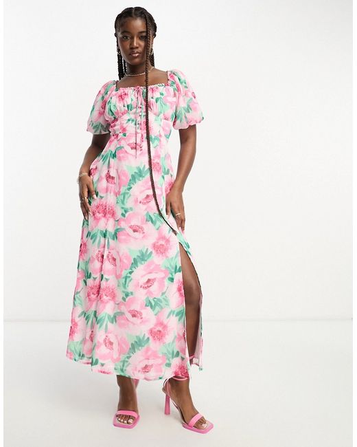 Miss Selfridge chiffon puff sleeve maxi dress in pink floral-