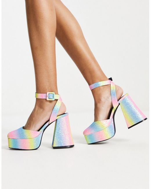 Daisy Street platform flared heeled shoes in rainbow glitter-