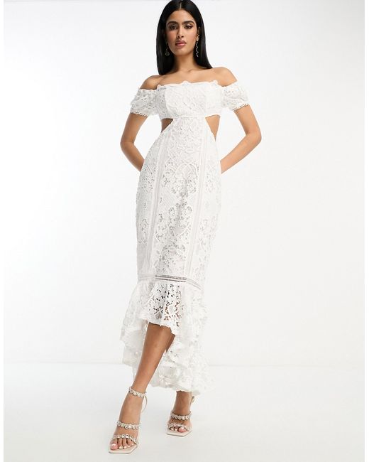 Asos Design lace bardot cut out maxi dress with frill hem in