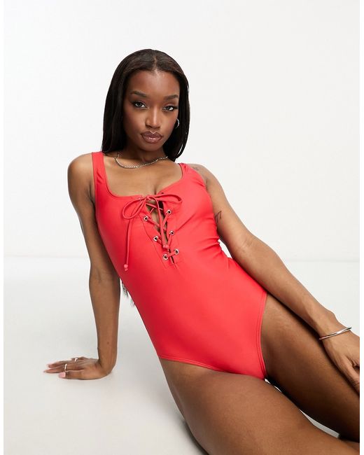 Noisy May lace-up scoop back swimsuit in bright