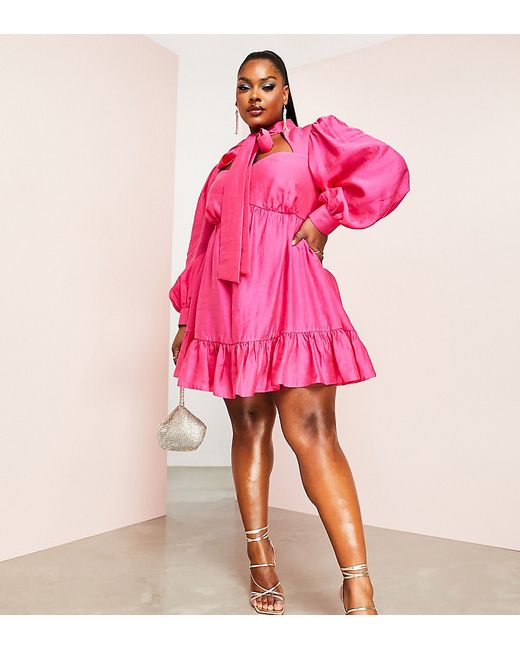 ASOS Luxe Curve pussybow cupped mini dress with blouson sleeve in