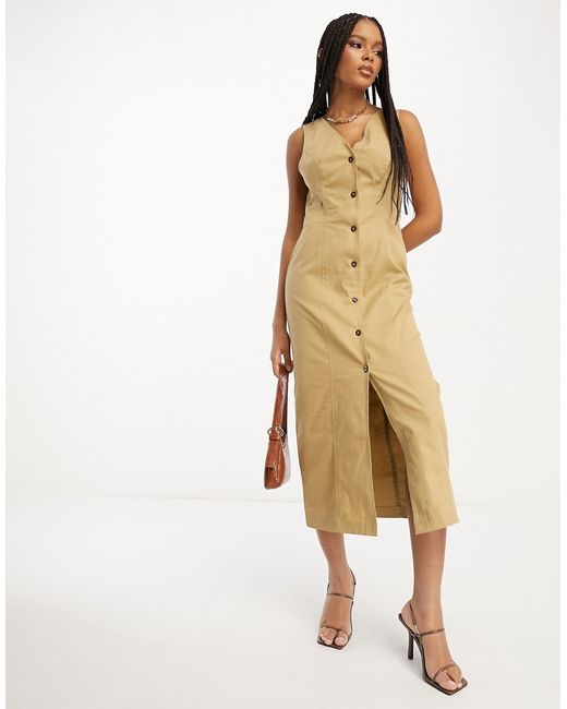 Asos Design twill midi dress with button through in camel-