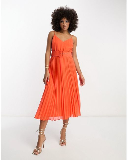 Asos Design pleated cami midi dress with self-covered belt in hot