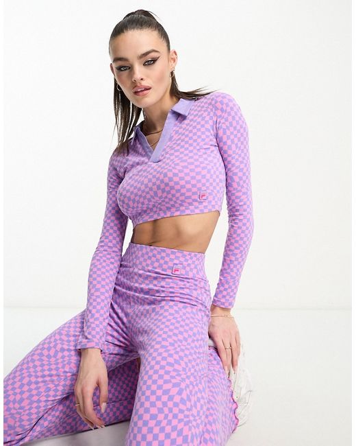 Fila warped check collared long sleeve top in pink and