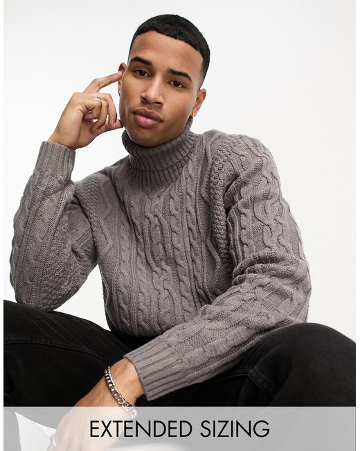 Asos Design cable knit roll neck sweater in charcoal-
