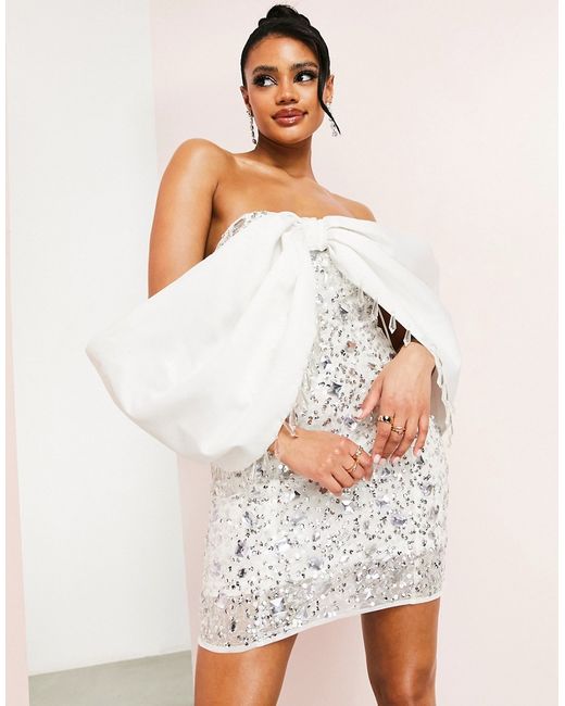 ASOS Luxe Wedding bardot sleeve embellished crusted mini dress in
