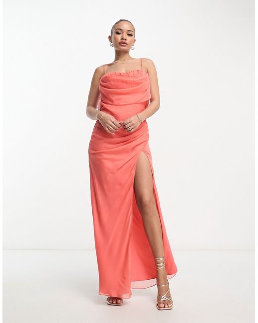 Asos Design corset maxi dress with soft cowl front in coral-