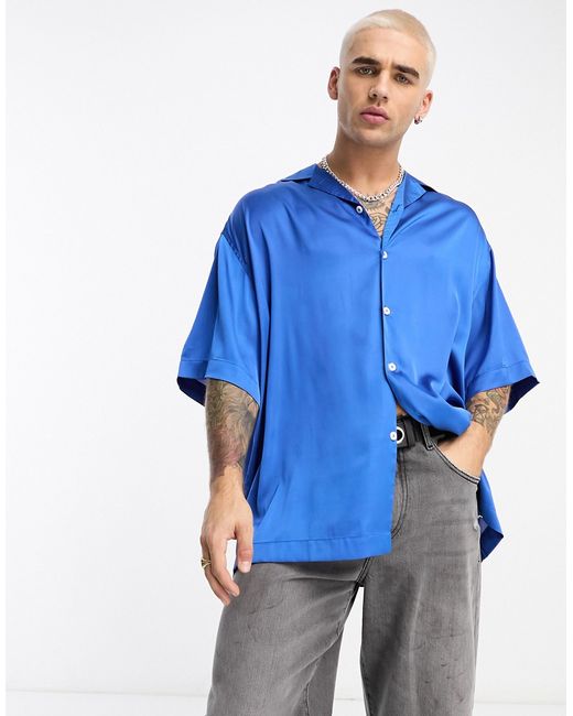 Asos Design longline oversized satin shirt in cobalt