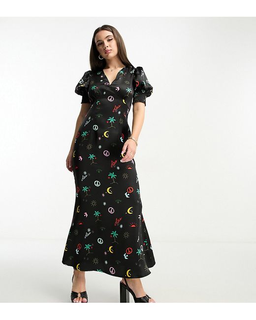 Never Fully Dressed Petite puff sleeve maxi dress in neon paradise print-