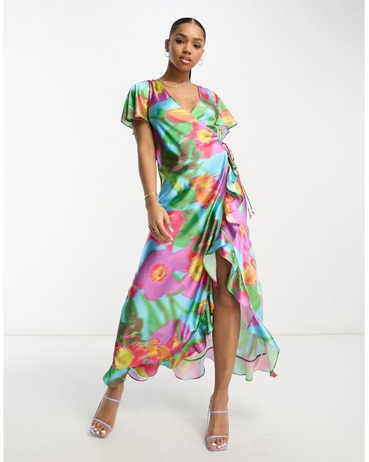 Asos Design ruffle detail wrap satin maxi dress in large bold floral print-