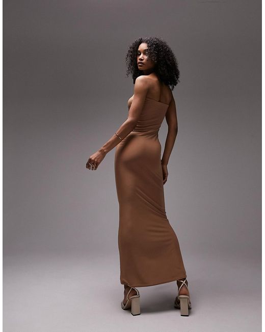 TopShop shaping super soft bandeau fitted maxi dress in mocha-