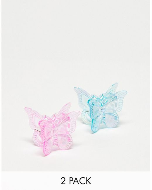 DesignB London 2-pack iridescent butterfly shape hair clips in pink and blue-