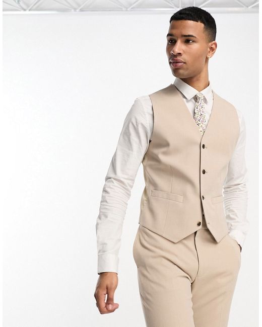 Asos Design slim suit vest in taupe micro texture-