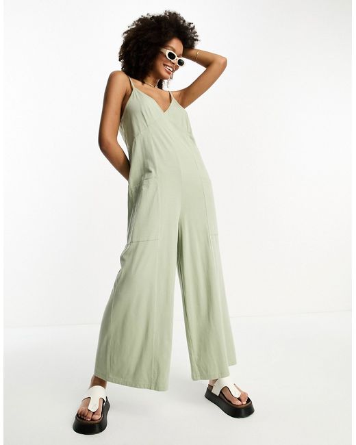 Asos Design strappy jersey jumpsuit in washed sage-