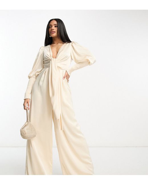 Collective The Label exclusive plunge front wide leg jumpsuit in oyster-